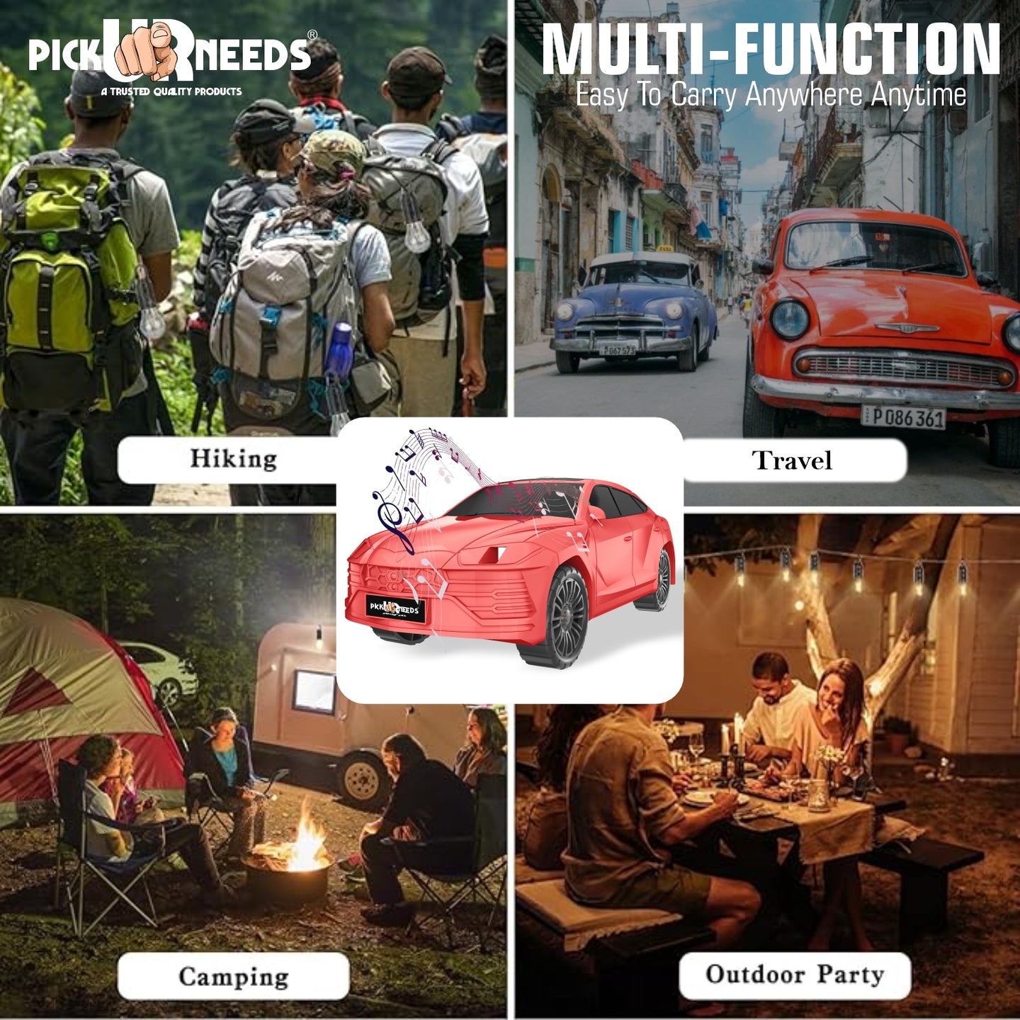 Pick Ur Needs Rechargeable Car-Shaped Speaker – RGB LED Light, USB/FM/SD Card, Type-C, 1200mAh